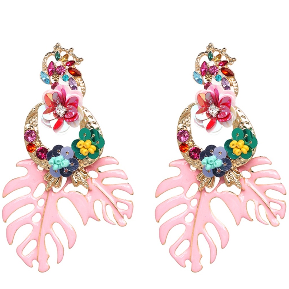 Baby Pink Tropical temptation earrings enamel Monstera leaves and fl…